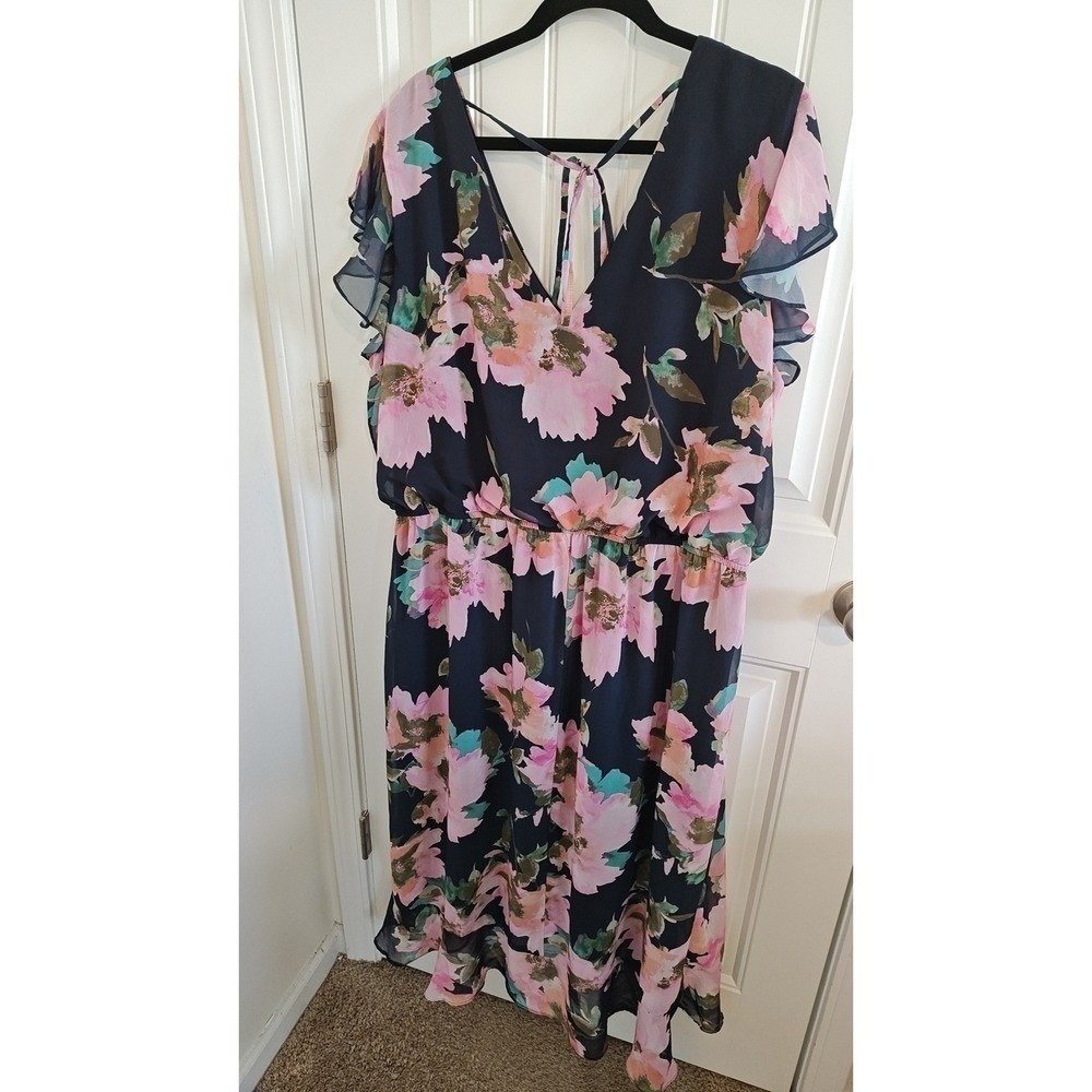 Emma & Michele Floral Chiffon High Low Dress 3X Navy Pink Used‎ Cottagecore - Picture 16 of 16